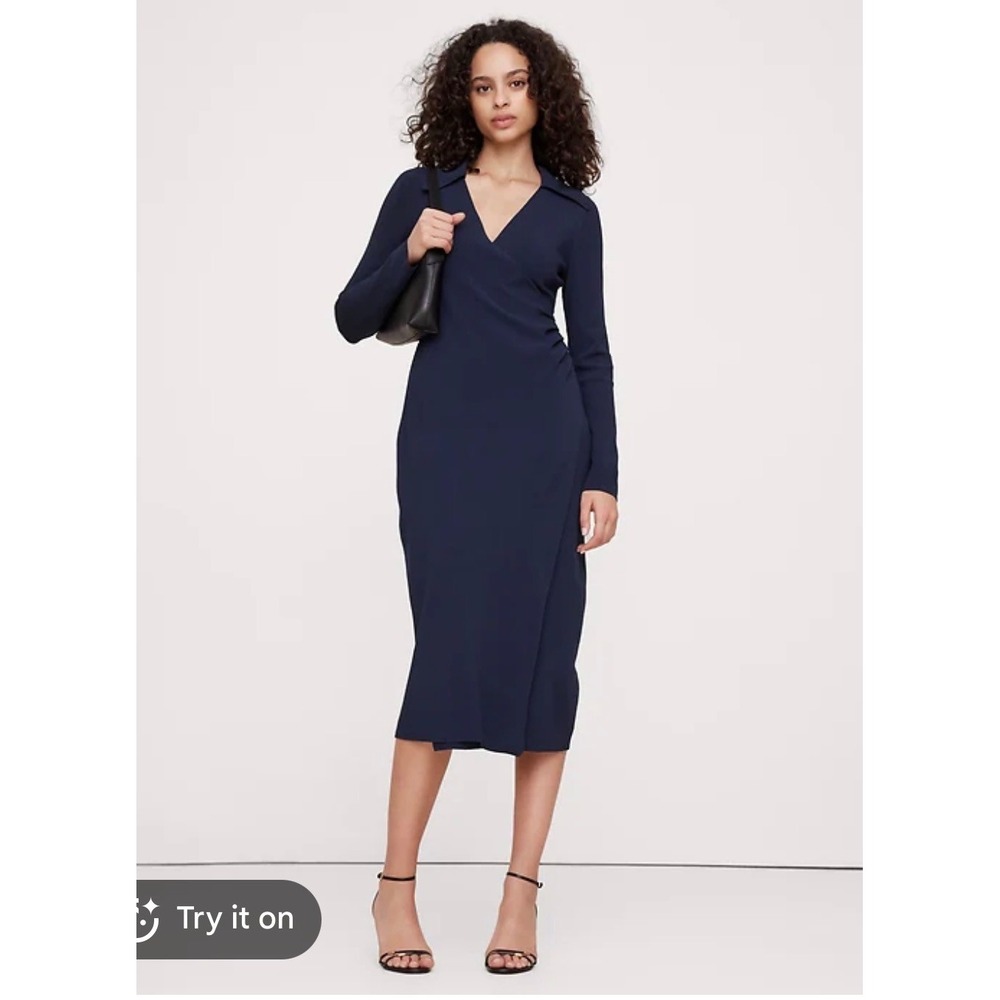 NWOT Banana Republic Navy Blue Knit Faux Wrap Midi Dress Long Sleeve Collared S